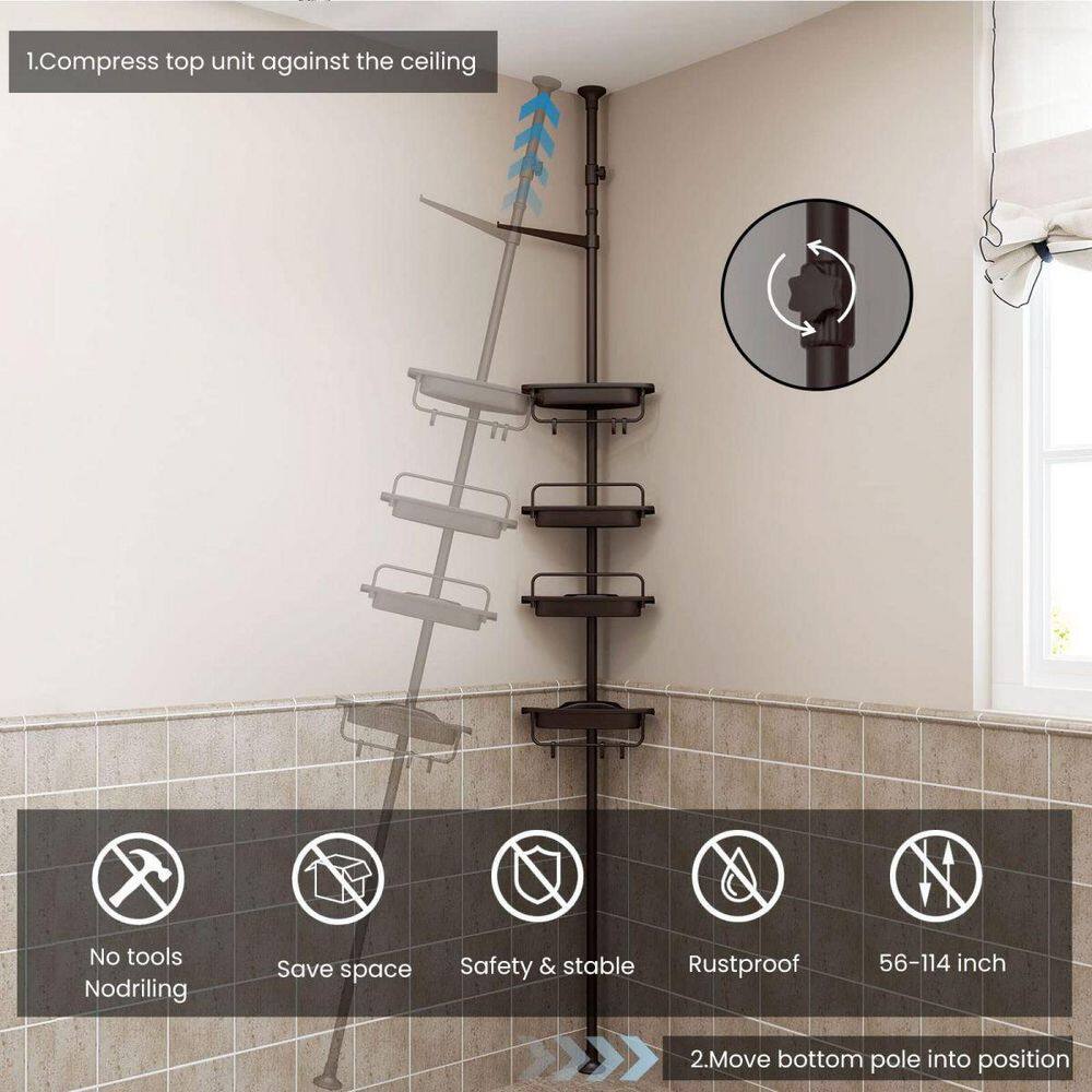 Brown 4-Tier Adjustable Metal Shower Caddy with Tension Mount