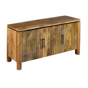 Natural Brown Mango Wood 17 in. Sideboard Console with 3 Grooved Cabinet Doors and Iron Handles