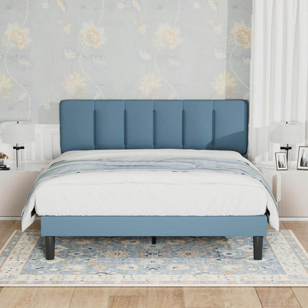 VECELO Upholstered Bed Frame Blue Metal Frame Queen Platform Bed With ...