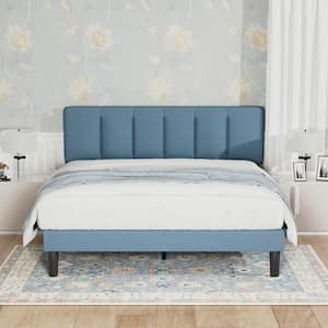 Upholstered Bed Frame Blue Metal Frame Queen Platform Bed with Adjustable Headboard Wood Slat No Box Spring Needed