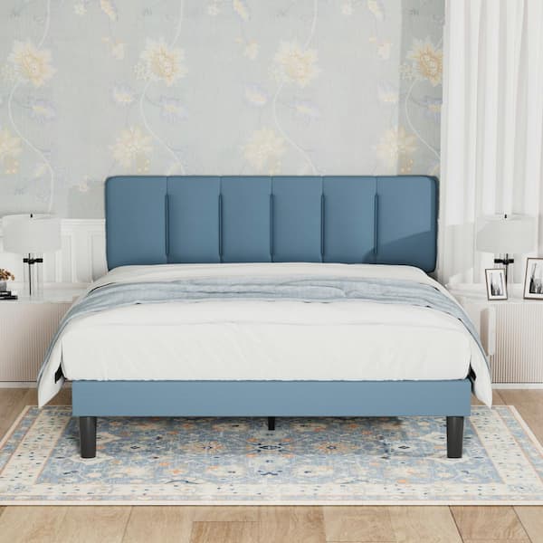 VECELO Upholstered Bed Frame Blue Metal Frame Queen Platform Bed with Adjustable Headboard Wood Slat No Box Spring Needed