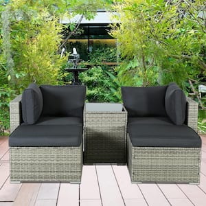 Gray 5-Piece Patio Sectional Wicker Rattan Outdoor Arms Sofa with Dark Cushions, Coffee Table Set for Patio Yard