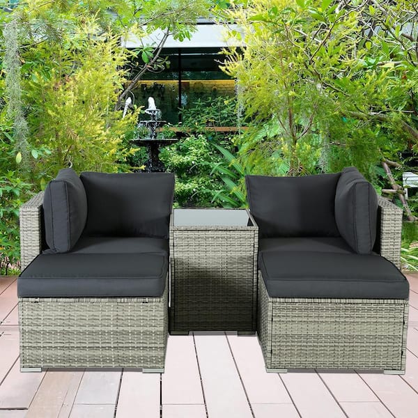 Unbranded Gray 5-Piece Patio Sectional Wicker Rattan Outdoor Arms Sofa with Dark Cushions, Coffee Table Set for Patio Yard