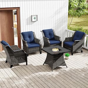5-Piece Wicker Outdoor Fire Pit Patio Chair Set with Blue Cushions and Rectangular Fire Pit