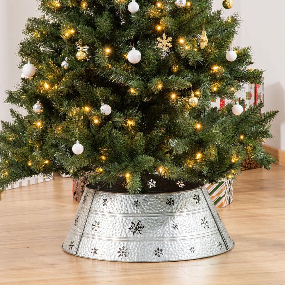 Silver Steel Christmas Tree Collar with Snowflake Print, 26" Base
