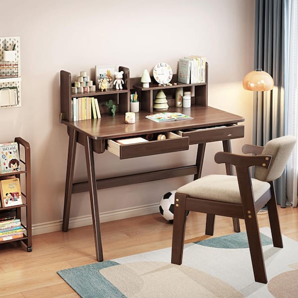 2-Piece Rubber Wood Top Brown Kids Study Desk Sets with Bookshelf, Study/Writing Table for Bedroom Home Office