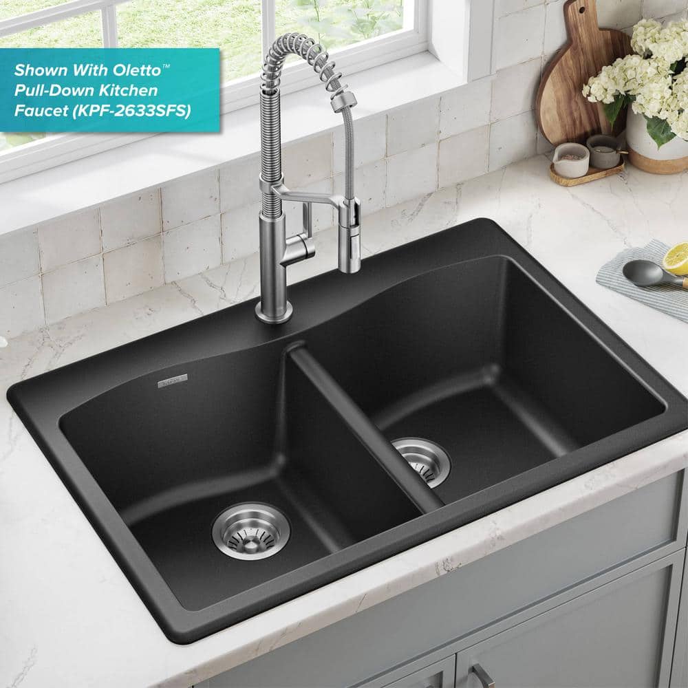33-Inch Black Granite Double Bowl Drop-In Kitchen Sink