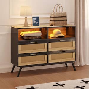 Black 4-Drawers 41.73 in. Ratten Chest of Drawers Dresser Vanity Table Storage Cabinet with Open Shelves