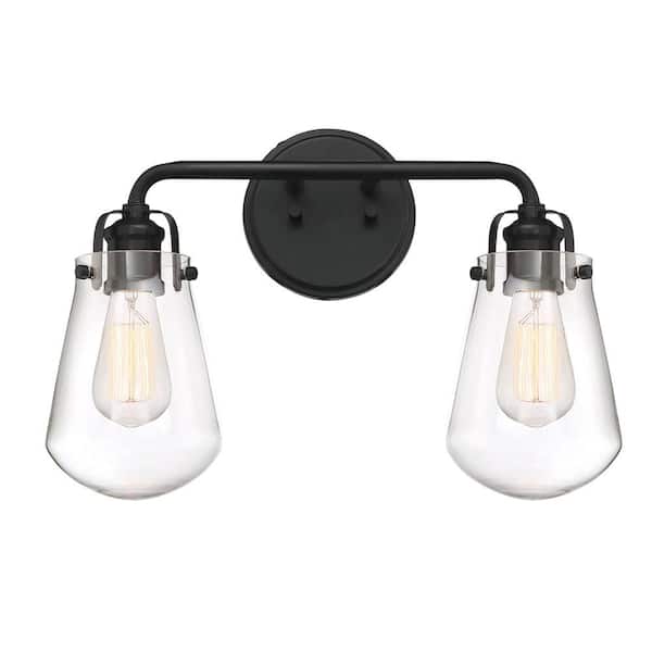 Designers Fountain Elliott 16 in. 2-Light Matte Black Industrial Wall Sconce with Clear Glass Shades