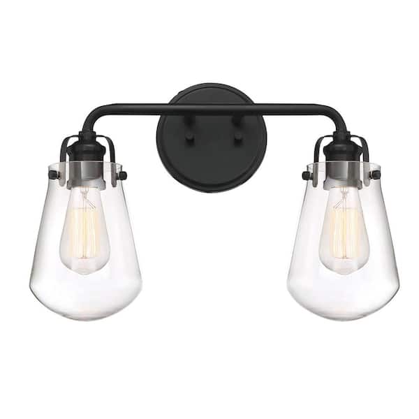 Elliott 16 in. 2-Light Matte Black Industrial Wall Sconce with Clear Glass Shades