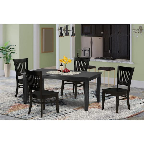 5-Piece Rectangle Black Finish Solid Wood Top Dining table with 4-Chairs with Slat Back