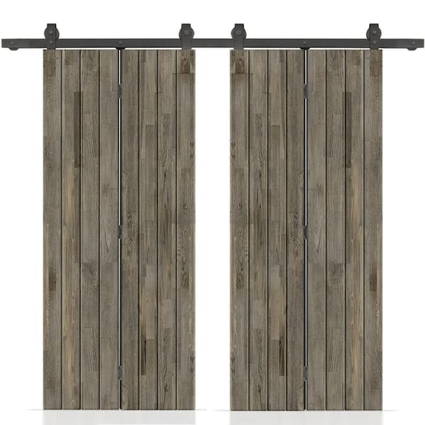 CALHOME 72 in. x 80 in. Weather Gray Stained Hollow Core Pine Wood Double Bi-Fold Door with Sliding Hardware Kit