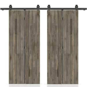 72 in. x 84 in. Weather Gray Stained Hollow Core Pine Wood Double Bi-Fold Door with Sliding Hardware Kit