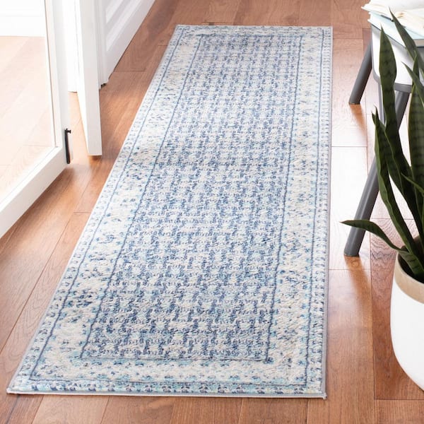 Brentwood 2 ft. x 10 ft. Ivory/Aqua Multi-Border Geometric Runner Rug
