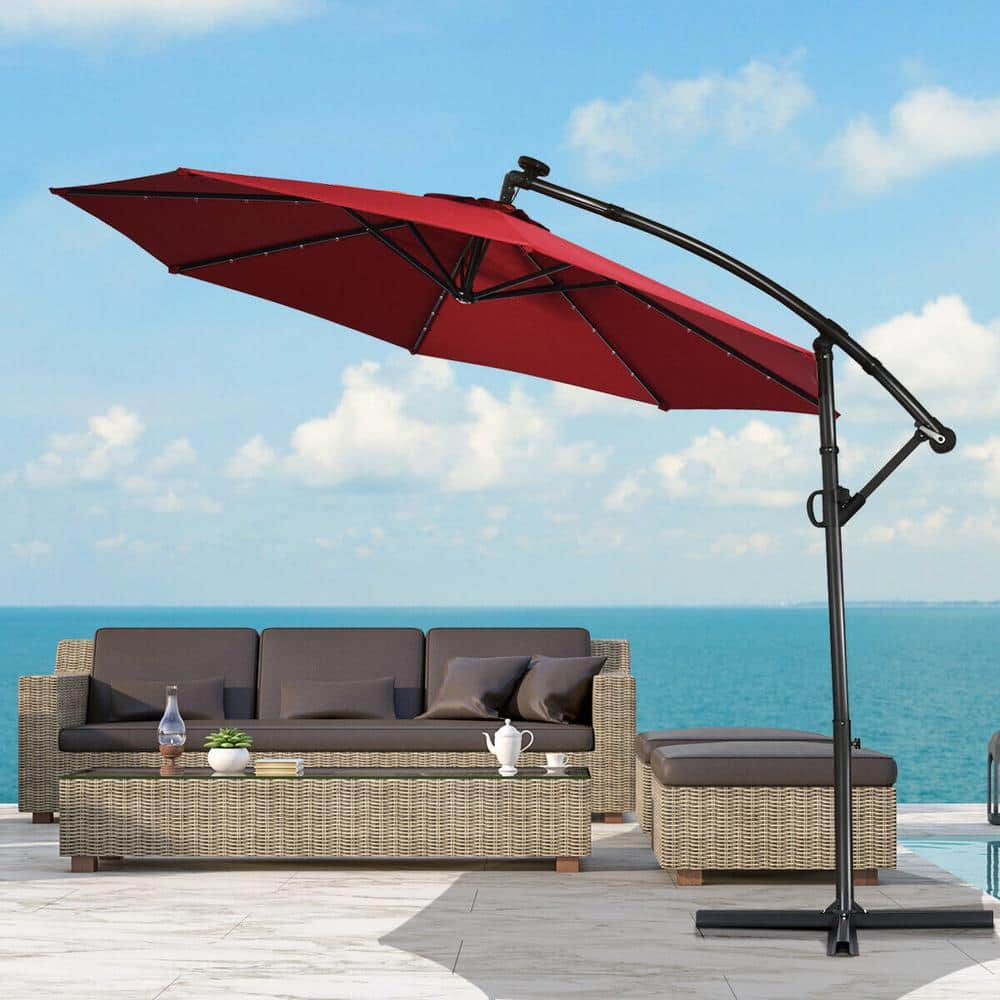 10 ft 360° Rotation Solar Powered LED Patio Offset Umbrella without Weight Base-Dark Red -  SUNRINX, MG31-1-Q14Q