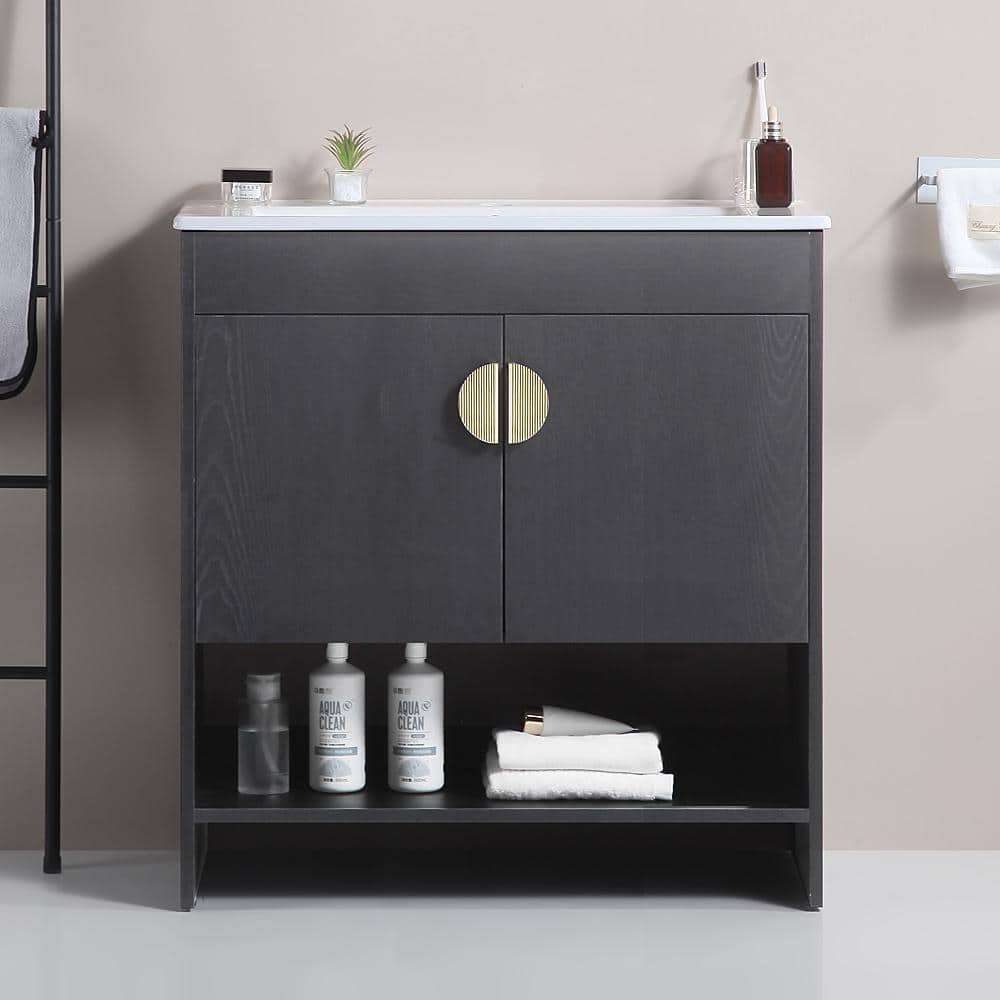 30 in. W x 18 in. D x 32 in. H Single Sink Freestanding Bath Vanity in Black with Black Ceramic Top, Right Open Shelves price history on PriceWatchPro