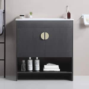 30 in. W x 18 in. D x 32 in. H Single Sink Freestanding Bath Vanity in Black with Black Ceramic Top, Right Open Shelves