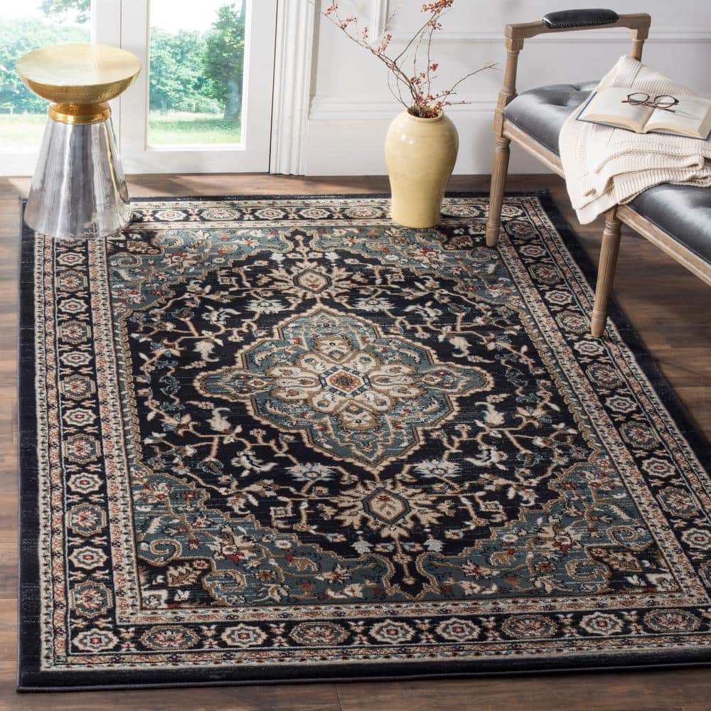 Anthracite and Teal Traditional Floral Area Rug