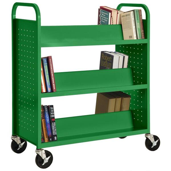 Sandusky Double Sided 6-Sloped Shelf Welded Booktruck in Primary Green