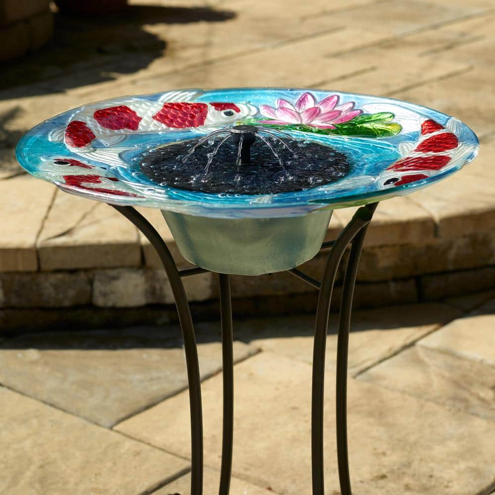 Hand-Painted Glass Koi Solar Birdbath with Steel Stand