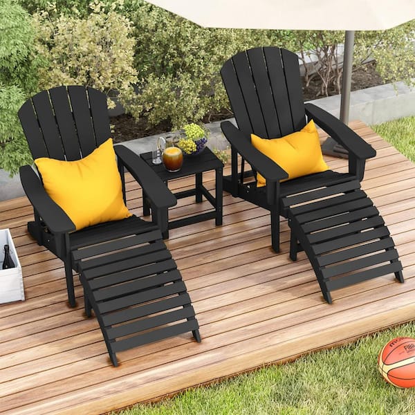 JEAREY Outdoor HIPS Plastic Patio chat set Black Adirondack Chairs with Side Table and Folding Ottoman Set of 5-Piece