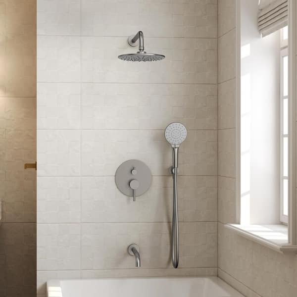 3-Spray Single-Handle Round Rain Dual Fixed Shower Head with Handheld Shower Head in Brushed Nickel