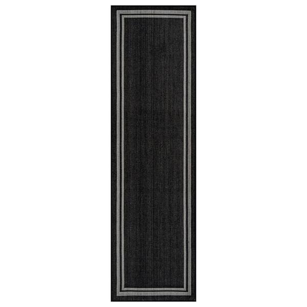 Border Black/Ivory Easy-Care Jute-Style Indoor/Outdoor Flat Woven Area Rug 2 ft. 3 in. x 8 ft. Black