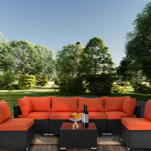 7-Piece Wicker Patio Conversation Seating Set with Orange Cushions