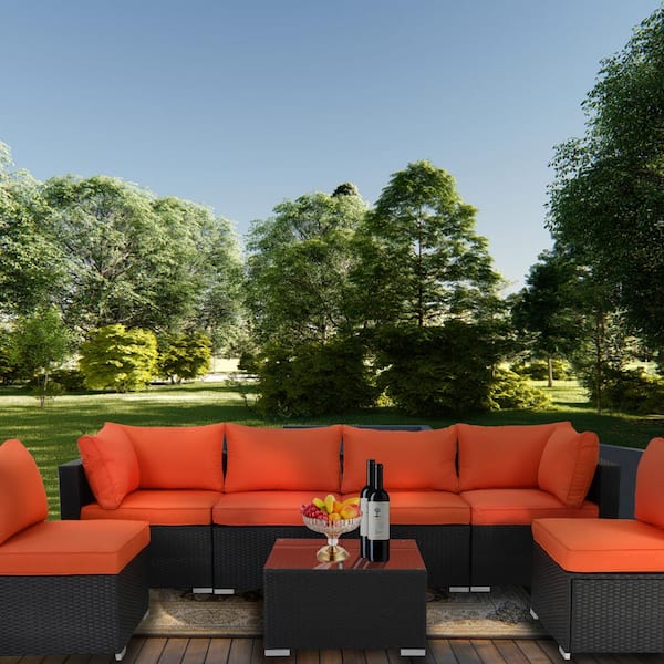 Cesicia 7-Piece Wicker Patio Conversation Seating Set with Orange Cushions