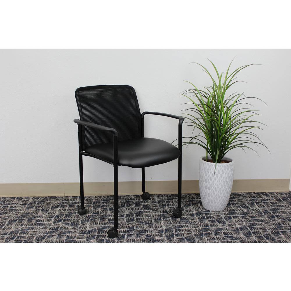 Black Mesh Guest Chair with Fixed Arms and Metal Frame