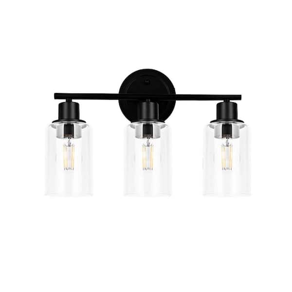 GLA 17 in. 3-Light Matte Black Vanity Light Fixture with Clear Glass Shade