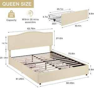 Velvet Storage Beige Metal Frame Full Platform Bed with 4 Drawers, Upholstered Bed with Adjustable Headboard