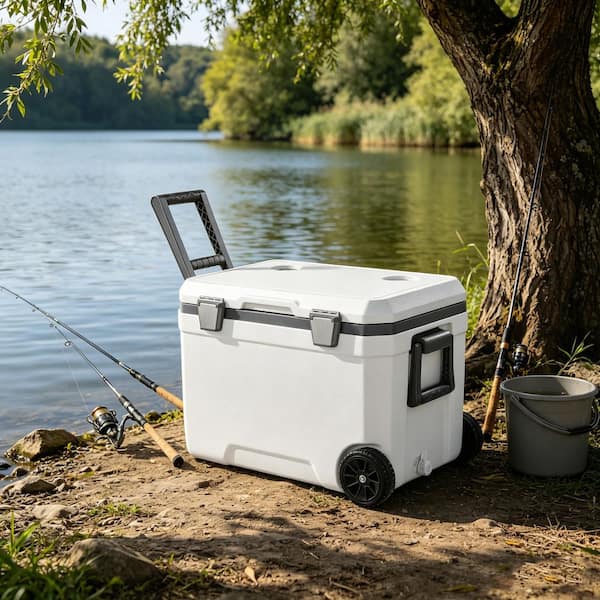 Sudzendf 45 qt. Portable Cooler in White wirh Cup Holder, 64 Can