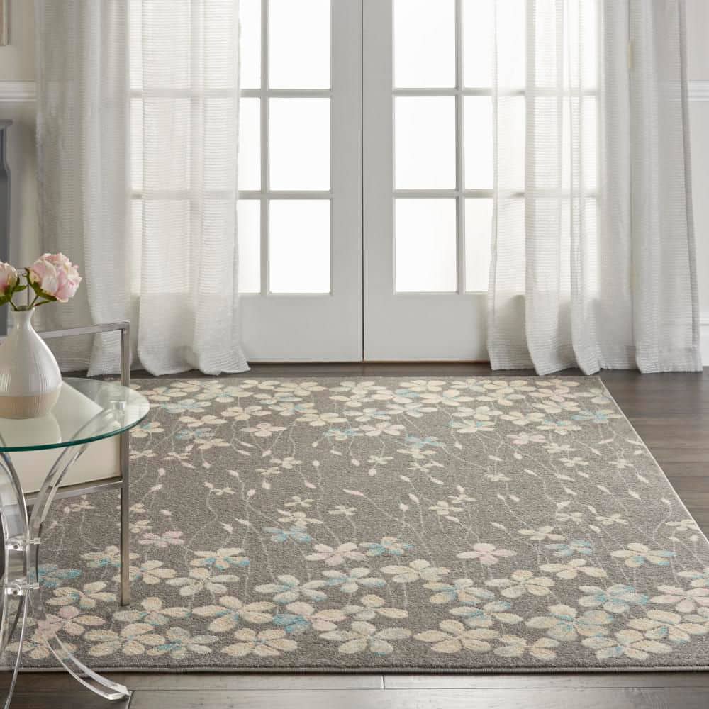 Grey and Beige Floral Synthetic 6' x 9' Area Rug