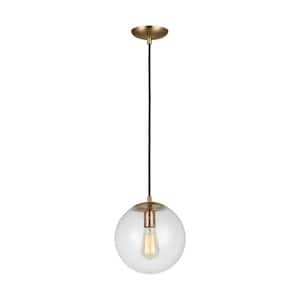 Leo Hanging Globe 10 in. 1-Light Satin Brass Pendant with Clear Seeded Glass Shade