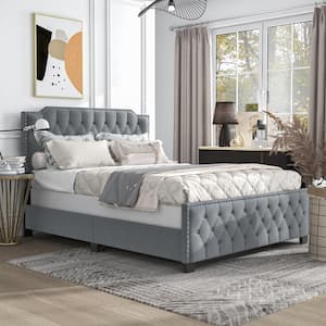 Bernadetta Light Gray King Panel Bed with Tufted Upholstery