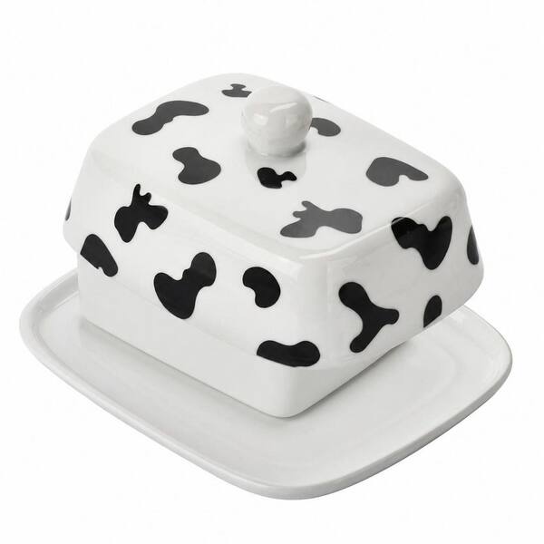 Large Ceramic Butter Dish with Lid Cow Print Design 6.5 in. x 5.2 in. Holds 2 Sticks Lead-Free Porcelain