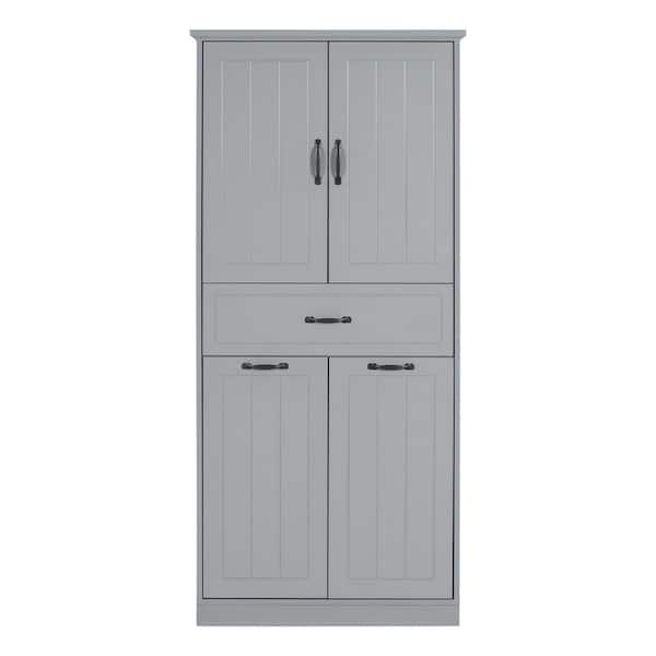 30 in. W x 16 in. D x 66 in. H Gray Wood Linen Cabinet with Two Laundry Baskets, Doors and Drawer