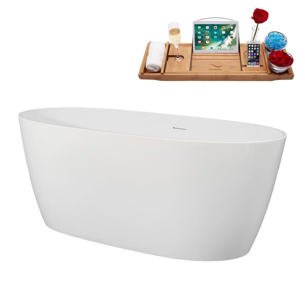 59" Glossy White Acrylic Freestanding Soaking Tub with Tray