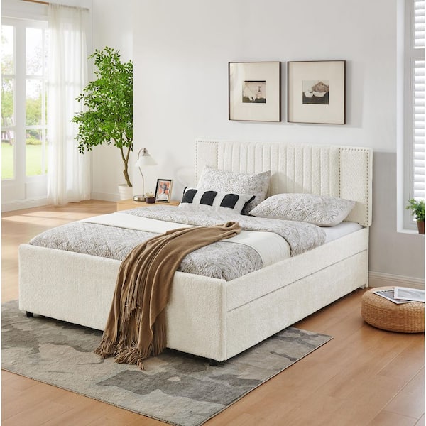 Syven Beige Chenille Upholstered Queen Daybed Platform Bed with Vertical Channel Tufted Headboard, Trundle and Drawers