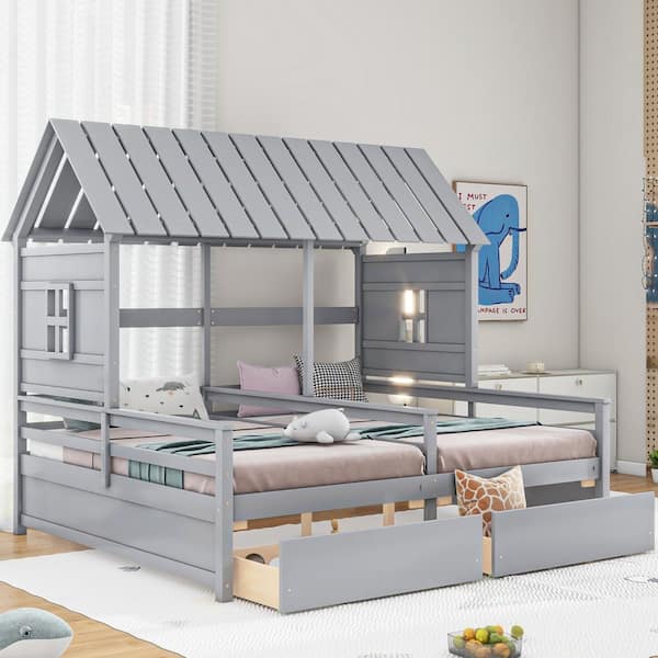 Polibi Gray Wood Frame Twin Size Platform Bed with 2-Drawers for Boy and Girl, Combination of 2 Side by Side Twin Size Beds