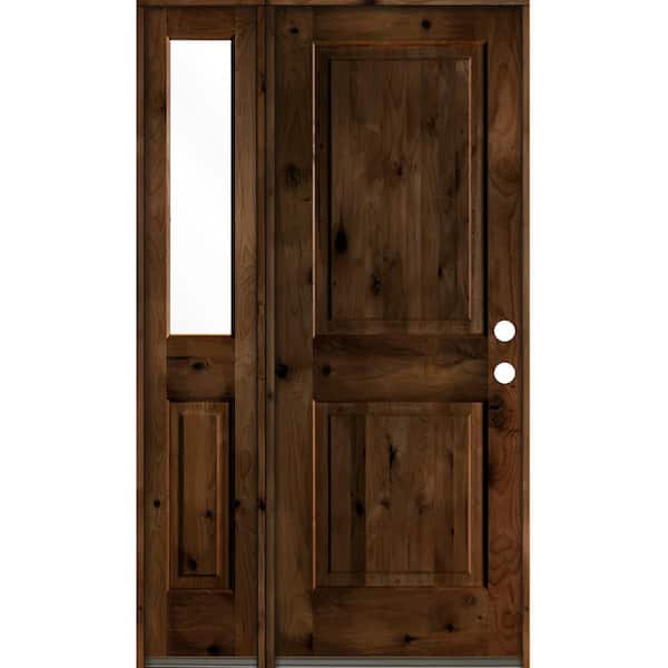 Krosswood Doors 56 in. x 80 in. Rustic knotty alder 2-Panel Left-Hand/Inswing Clear Glass Provincial Stain Wood Prehung Front Door