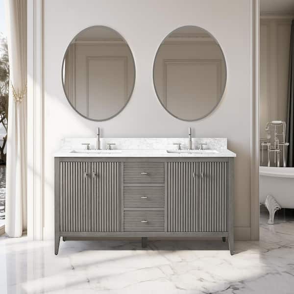 Vanity Art 60 in. W x 22 in D x 38 in. H Double Sink Bath Vanity Cabinet in Linear Driftwood Gray with White Engineered Marble Top