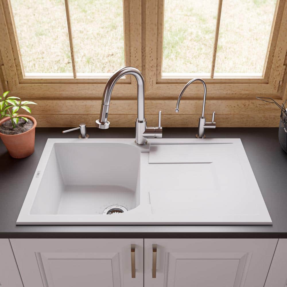 34'' White Granite Single Bowl Kitchen Sink with Drainboard