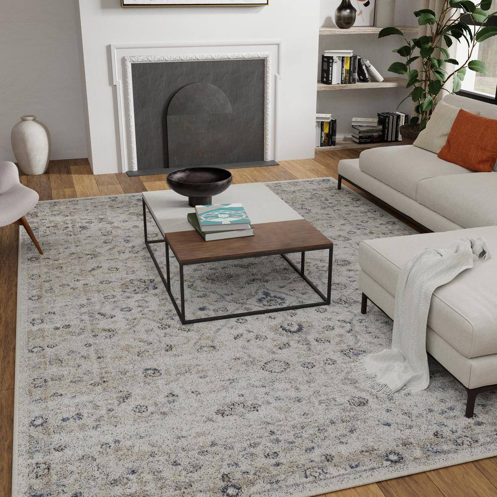 Blue Blossom Border 9' x 12' Synthetic Easy-Care Area Rug