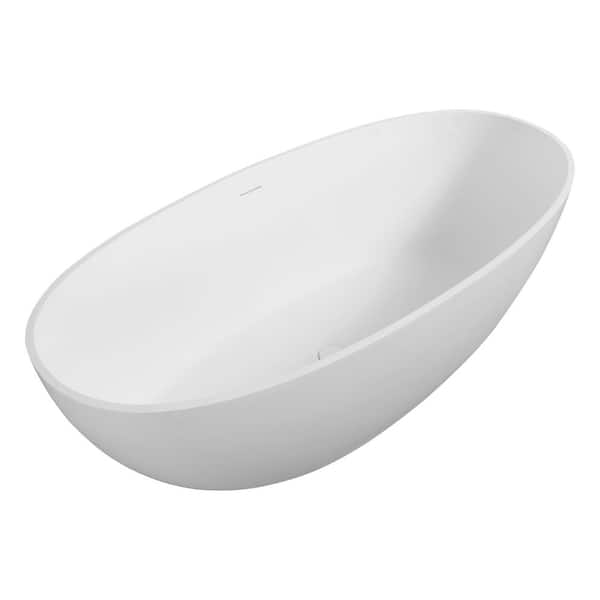 64.96 in. x 29.53 in. Flat Bottom Handcrafted Stone Resin Freestanding Soaking Bathtub with Center Drain in Matte White