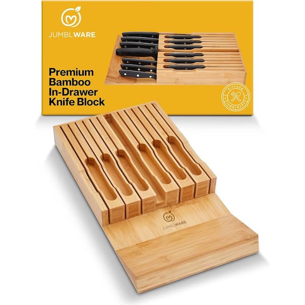 Unbranded Bamboo Knife Block, In-Drawer Knife Drawer Organizer Fits 16 Steak Knives and Sharpener
