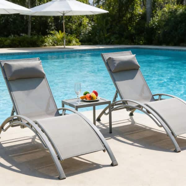 3-Piece Gray Metal Outdoor Lounge Chair and Table