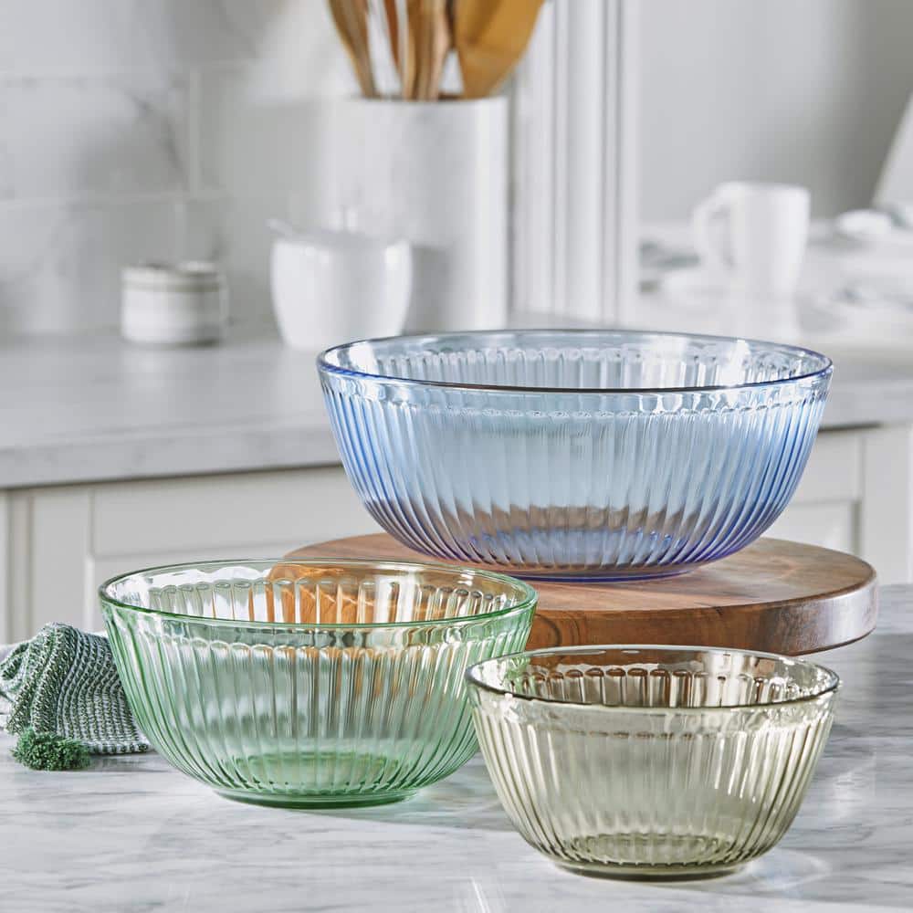 Tinted Glass Ridged Mixing Bowl Set with Lids, 6-Piece