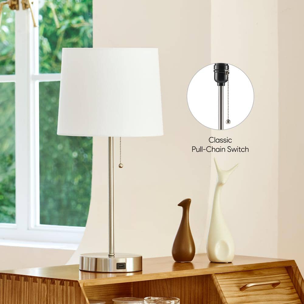 Brushed Nickel Table Lamp Set with White Fabric Shade